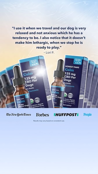 A 9:16 vertical social media ad featuring a customer testimonial about the calming effects of CBD oil on their pet, validated by logos of major press outlets.